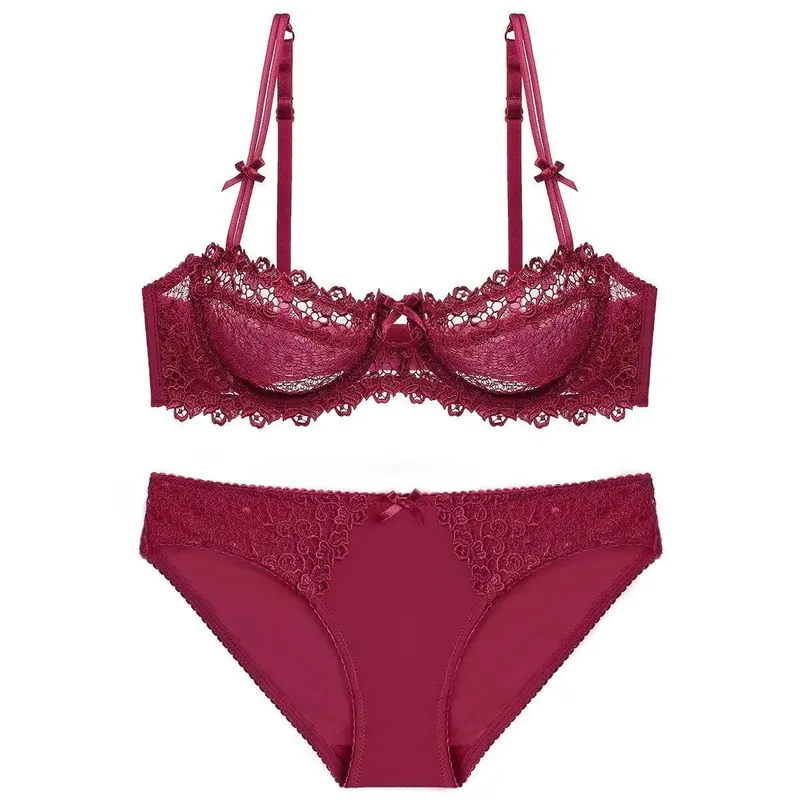 Sutiãs femininos de renda sexy de alta qualidade e breve conjunto de duas peças push up A B C D meio copo fio lingerie de verão preto azul vermelho