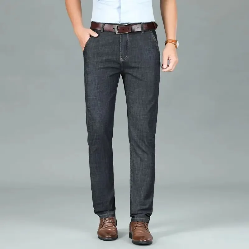 2026 New Seasons Lightweight Fit Straight Men's Jeans Classic Business Clothes Thin Cotton Elastic High Waist Casual