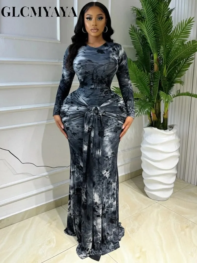 CM.YAYA Women Print O-neck Stacked Ruched Bowknot Streamer Mermaid Maxi Midi Dress 2026 Cocktail Birthday Holiday Party Dresses