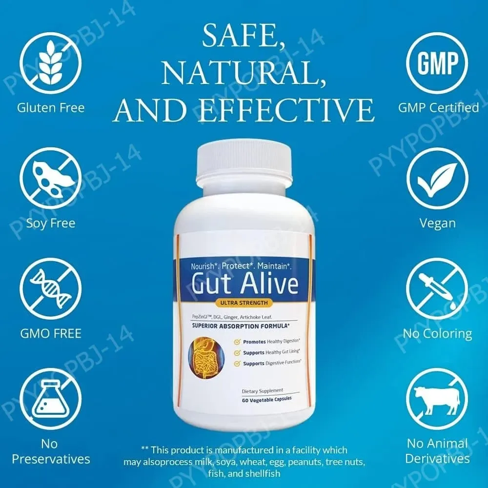 Gut Alive - All Natural Support to Fight IBS Heartburn Acid Indigestion Acid Reflux Bloating & Gas Unique Formulation 60 Count