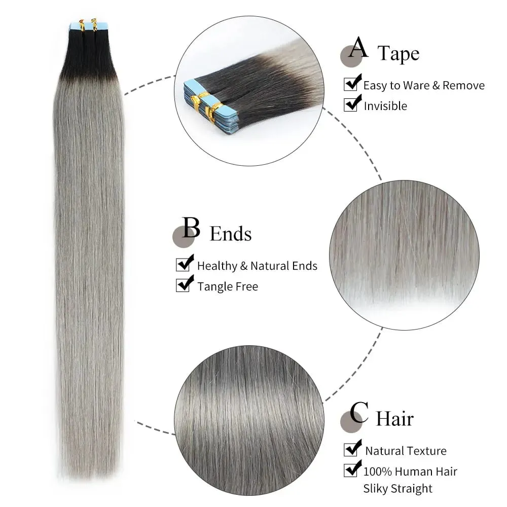 Doreen Châu Âu 100% Tóc Thật Của Con Người Băng Trong Phần Mở Rộng 16 Đến 24 50G 2.5G/cáiOmbre Đen Bạc xám Tóc PU Liền Mạch Băng Ins