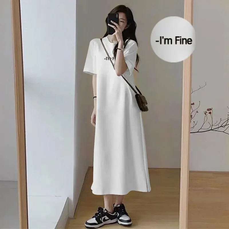 Women Korean Loose T-shirt Dress Summer Letter Print Split Midi Dress O Neck Short Sleeve Casual Lazy Long Dress