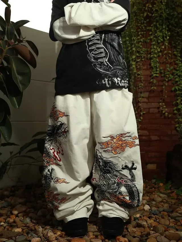 New White Jeans Y2K Dragon Pattern Mens American High Street Retro Korean Straight Pants Harajuku Hip-Hop Couple Wide Pants