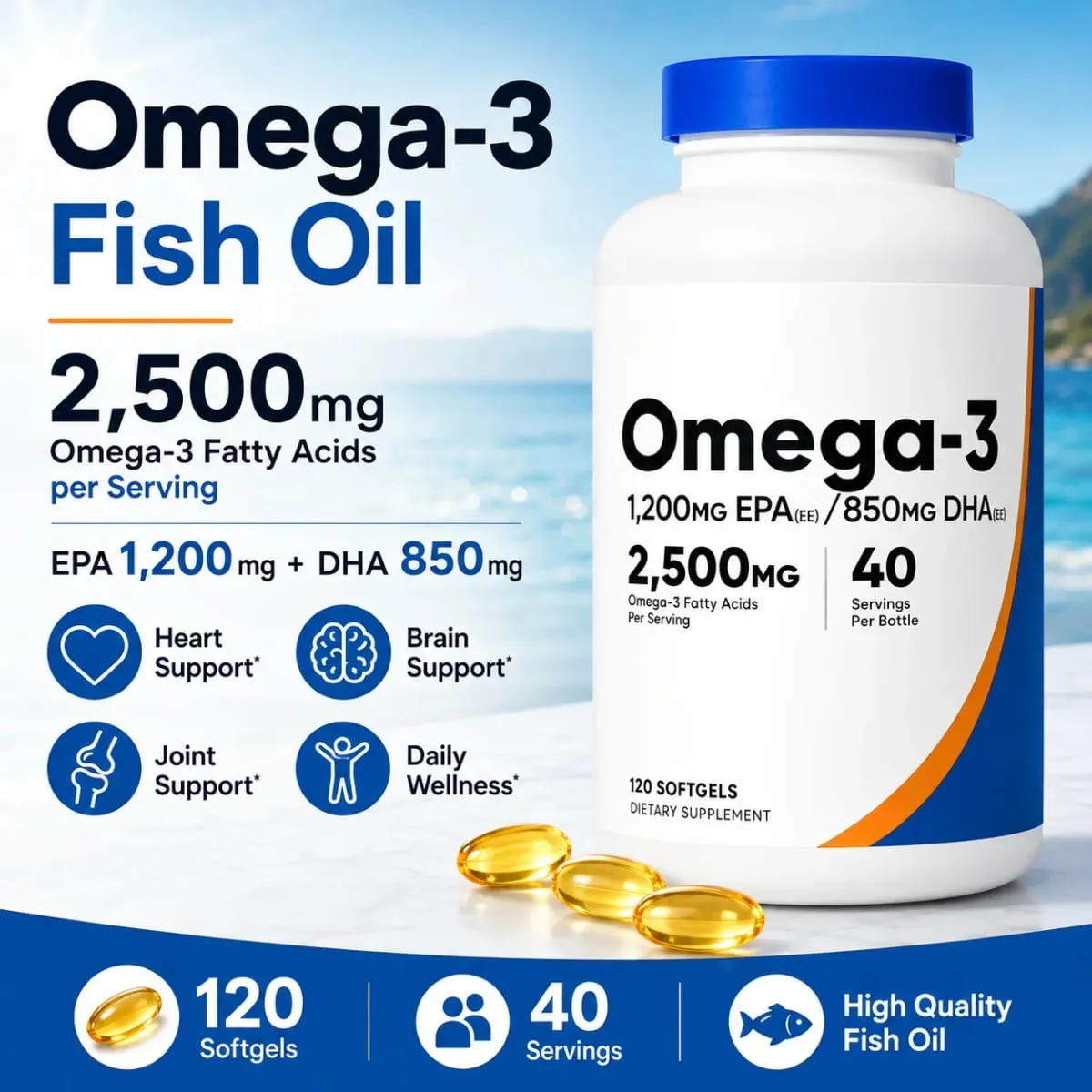 Omega-3 Fish Oil 2500mg Softgels with EPA 1200mg & DHA 850mg High Potency Daily Wellness Support Non-GMO 120 Count