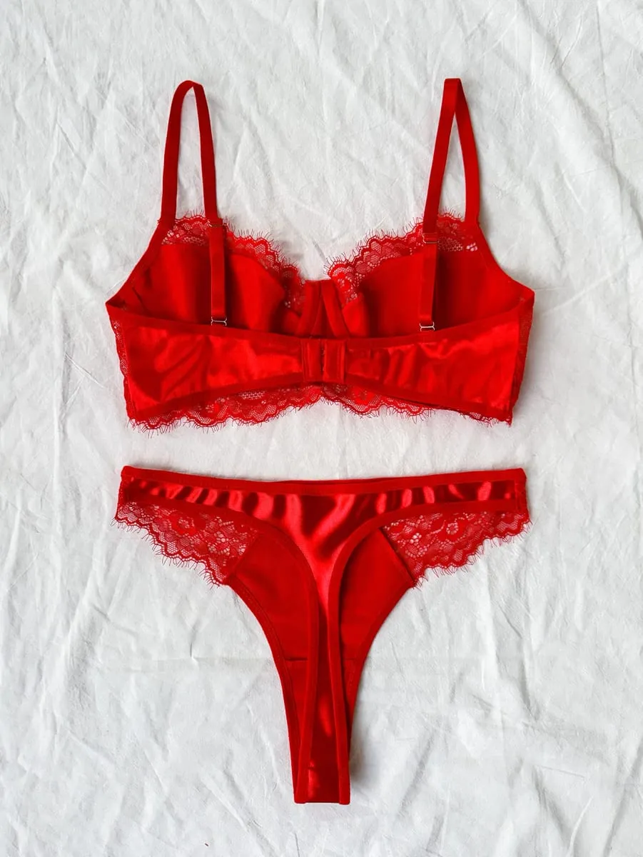 2025 Sxy Soutien-gorge non rembourré à armatures en dentelle et slip brésilien pour femme – Ensemble de lingerie fantaisie avec cils