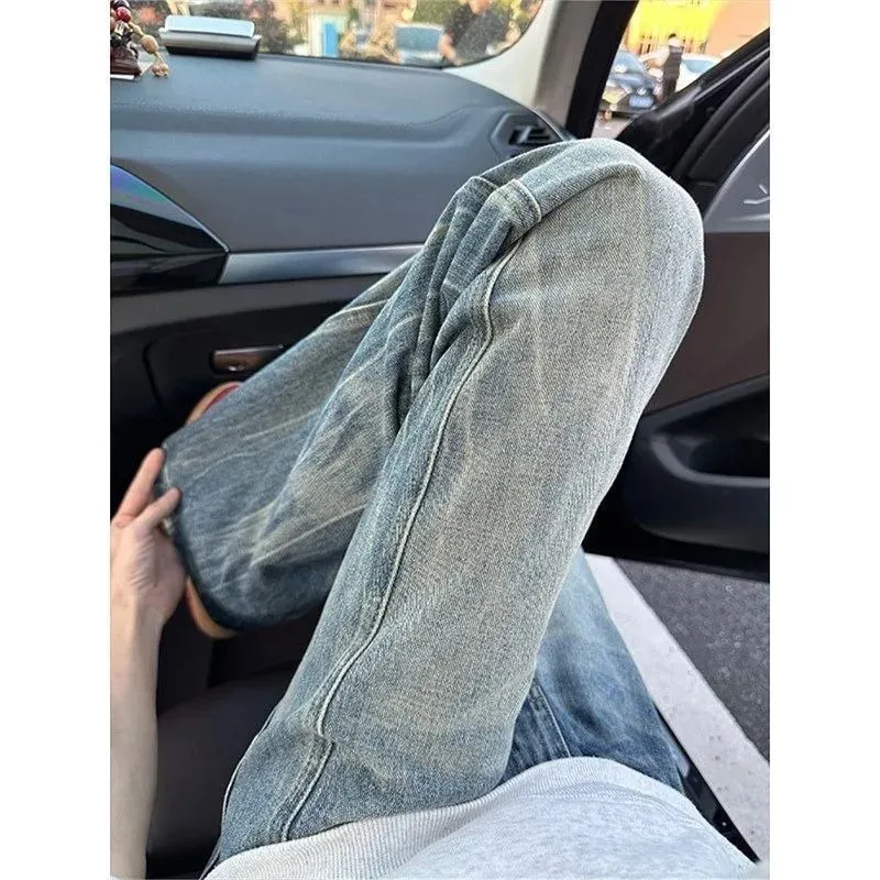 Vintage Men's Jeans Man Pants High Street Washed Denim Blue Jeans Straight Leg Slight Flare Casual Trousers