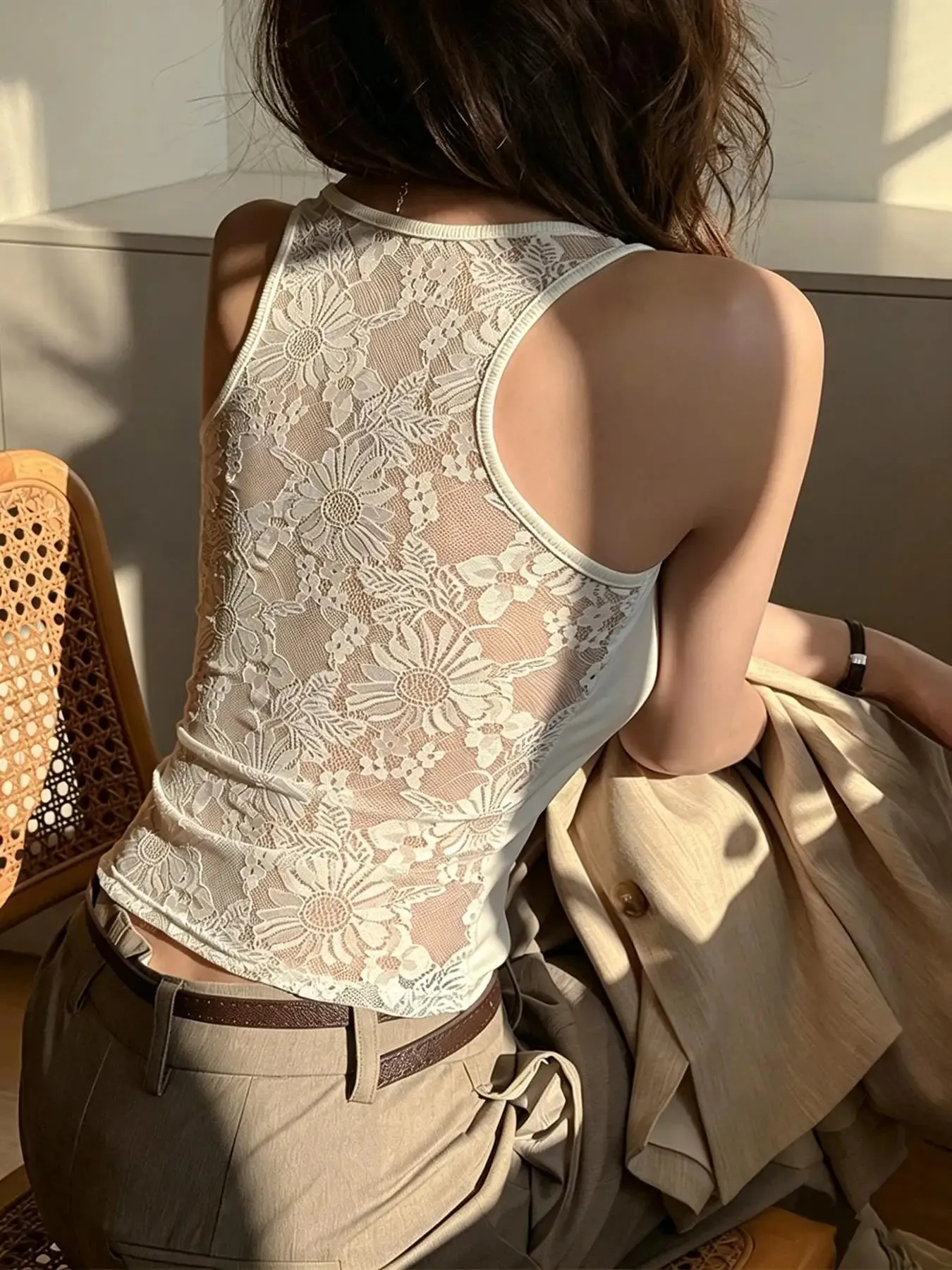 Women's Solid Color Lace Korean Vest Summer Trendy Singlet Cotton Sleeveless Camisole U-Neck Comfortable Female Tank Tops