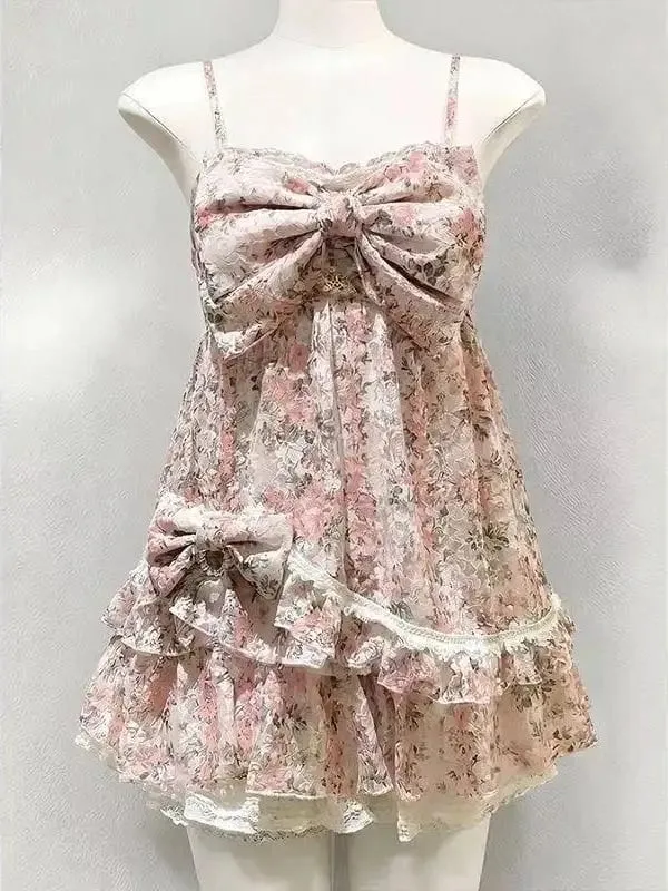 Japanese Style Sweet Lace Bow Kawaii Lolita Dress Women Vintage Ruffles Cake Dresses Harajuku Y2k Slim Bandage Dress 2026 Summer