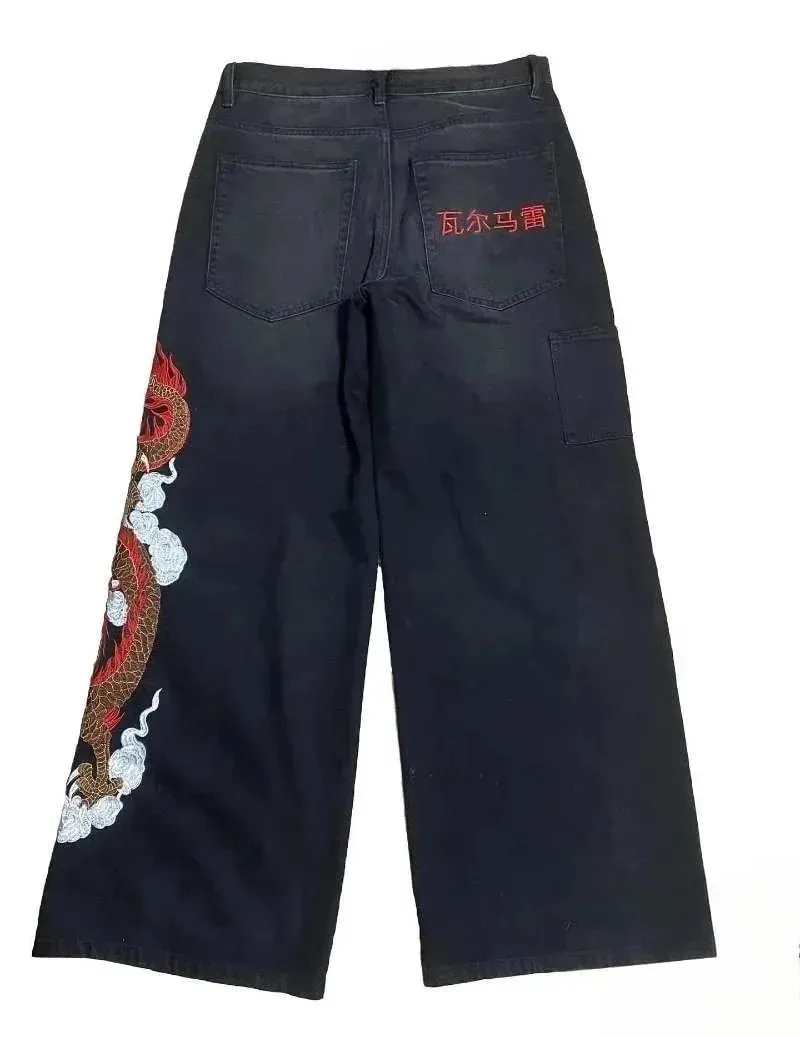 Y2K Baggy Jeans Dragon Graffiti Embroidery High Waist Men Women Vintage Streetwear 2000s Harajuku Casual Loose Wide Leg Jeans