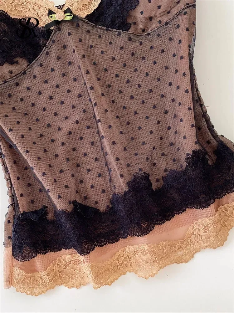 Polka Dot Mesh Lace Top French V Neck Shirred Stretchy Slim Backless Pambabaeng Tank Top Summer Y2K Sensual Lazy Kamisole