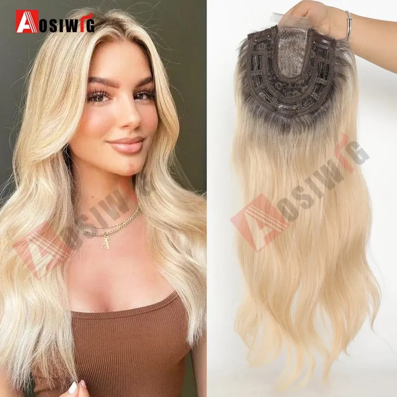 22 Inch Long Wavy Synthetic Hair Topper For Women Clip In Hairpiece Crown Hair Extension With Base Cover Thinning Hair Add Volum
