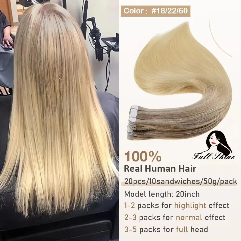 Full Shine Tape in Hair Extensions 20Pcs Skin Weft Remy Straight Hair Glue on Brazilian Hair for Women