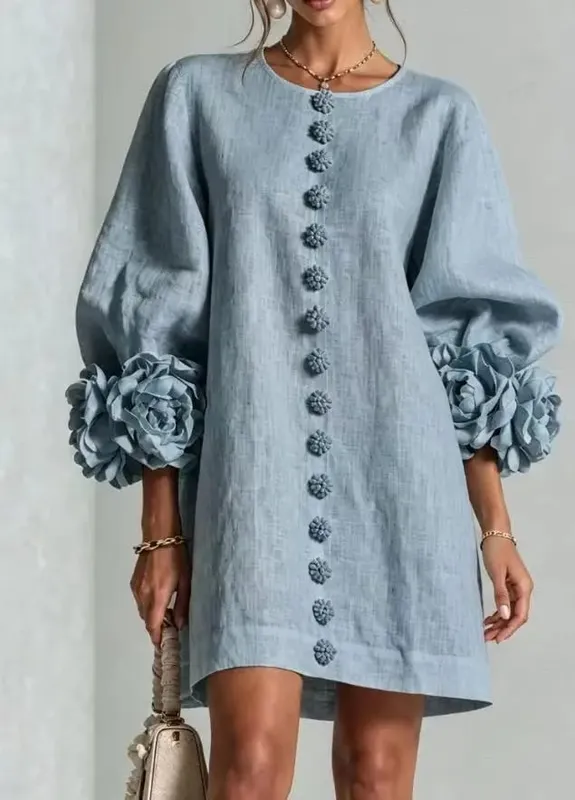 Women Spring Autumn 3D Flower Long Lantern Sleeve Cotton Linen Mini Dress Solid Crew Neck Loose Elegant Daily Wear Short Dress