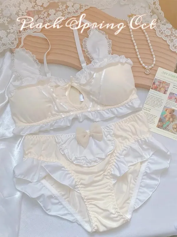 Cute Japanese Rabbit Ear Bra Panties Set Wireless Thin Triangle Brassiere For Small Flat Breast Breathable Daily Underwear S-XL