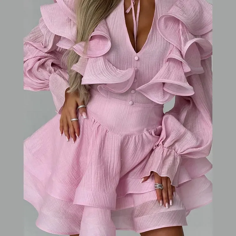 Layered Ruffle Cinched Waist Dress Fashion Elegant Lantern Long Sleeve Buttons V-neck Mini Dresses 2026 Summer Sheer Mesh Gown