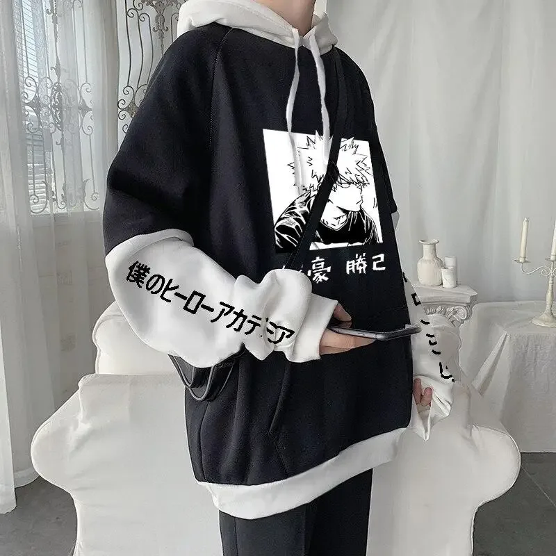 Harajuku Anime My Hero Academia Casual Fleece Hoodies Manga Bakugou Katsuki Women Oversized Patchwork Long Sleeves Sweatshirt