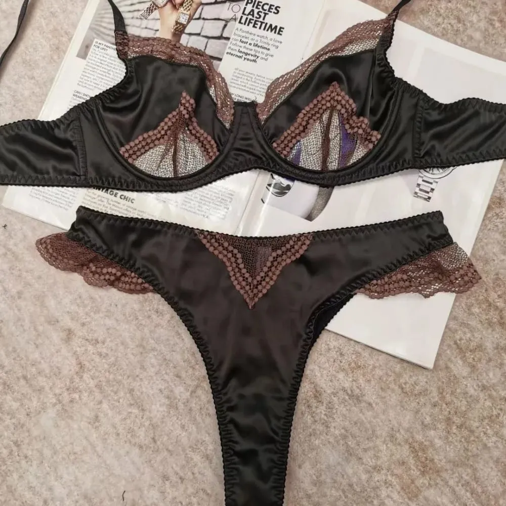 Women Brassiere Mesh Satin Lace Splicing Ultra Thin Minimizer Anti Sag Soft Support Lingerie For Girls 32‑38AB Suit