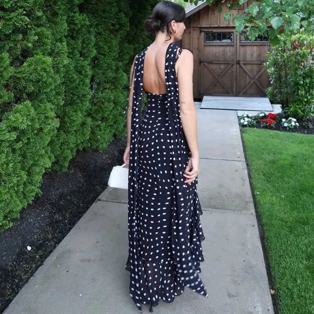 Tuularose Elegantes, gepunktetes langes Kleid für den Sommer, Schal, Band, Rüschen, Neckholder, Faltenkleid, luxuriös, ärmellos, Damen-Abendkleider