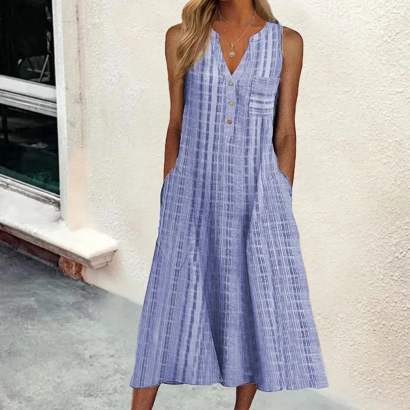 Summer New Women's Dresses V-Neck Sleeveless Button Loose Striped Print With Pocket Casual Beach Dresses