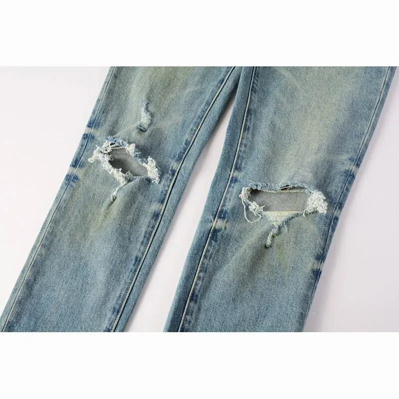Men's Large Knee Ripped Slim Tapered Jeans Vintage Light Blue Wash Heavily Frayed Button Fly High Street Style