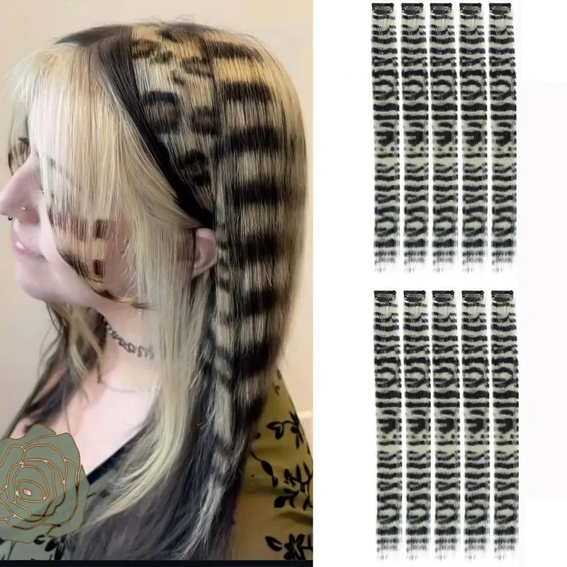10pcs/set Stripe Printed Hair Colorful Long Straight Hair Pieces Synthetic Clip-in Hair Extensions for Daily Use Party Halloween