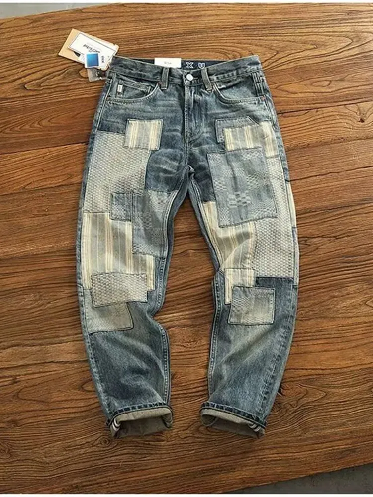 Autumn and Spring New Fashion Trend Printed Ripped Straight Leg Jeans Men's Casual Loose Vintage Sports High-grade Denim Pants