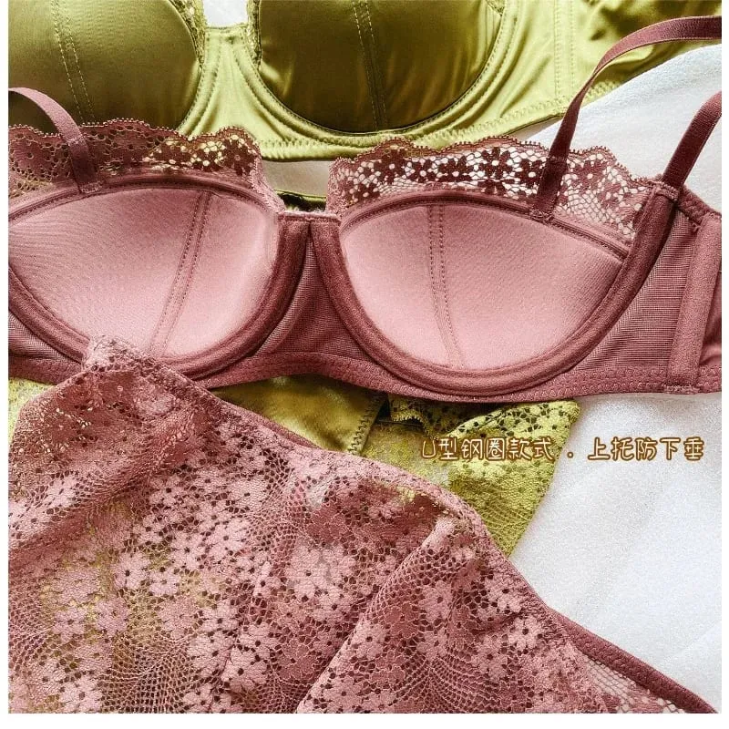 Hot Push Up Lace Bra Set Sexy Lingerie Minimizer Underwire Anti-Sagging Side Coverage Balconette for Big Bust Women 32-38 Suit