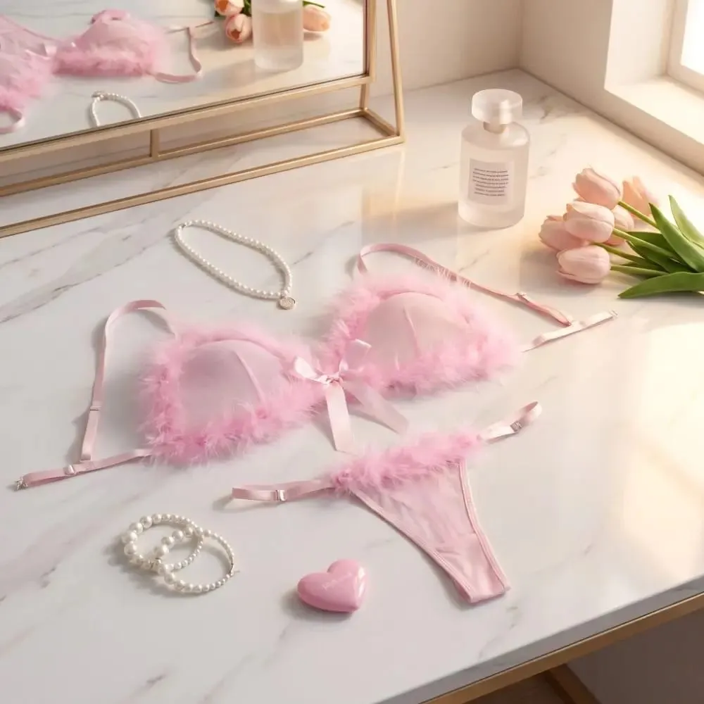 New Year Furry Women's Underwear Mesh Transparent Bow Decor Lingerie Set Romantic Intimate Wireless Bra Panties Suit Anniversary