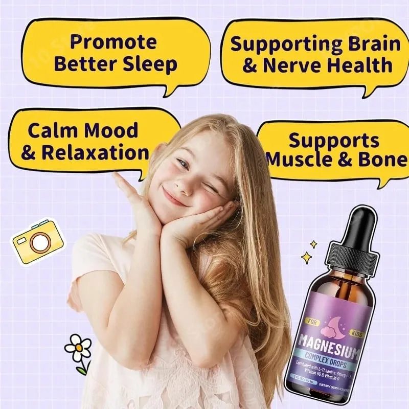 Titisan Cecair Magnesium Glycinate Kanak-kanak dengan L-theanine Omega-3 Vitamin B6 D3 untuk Relaksasi Tidur 2 Fl Oz Perisa Strawberi