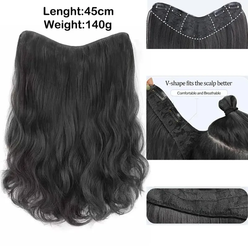 22Inch Synthetic Long Curly Hair Extension 4 Clips V-shape Natural Brown Black Hairpiece for Women