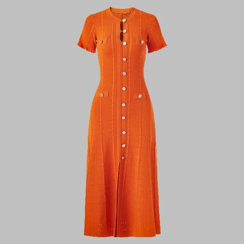 Elegant Knitted Dress round Neck Short Sleeve Hollow out Long Dress Ribbed Single Button Knitted Dress Fashionable Commute Style