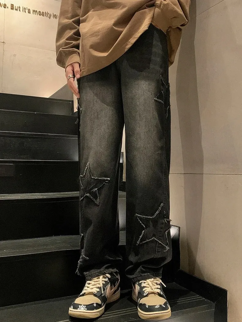 Men's Black Faded Baggy Wide Leg Jeans Raw Edge Star Patch Detail Hip Hop Street Style Casual Daily Going Out Loose Fit Denim Trousers