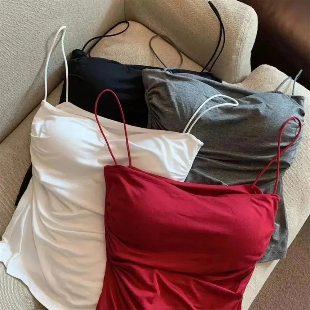Women With Built In Bra Spaghetti Strap Tanks Summer Camis Tank Casual Tops For Woman Solid Color Female Korean Style