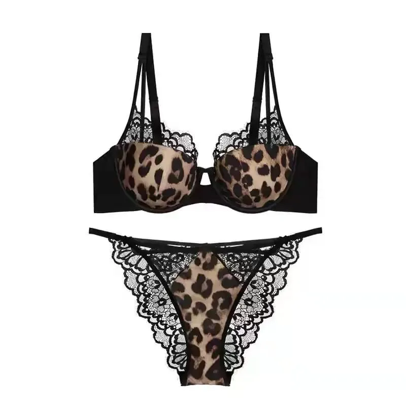 New Arrival Delicate Soft Underwire Leopard Print Thin Cup Underwear Set Push Up Anti Sagging Side Fat Control Comfort Bralette