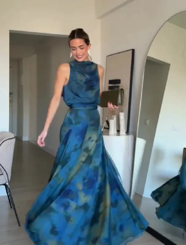 Women's Elegant Blue Watercolor Print Maxi Dress Sleeveless Cowl Neck Satin Formal Evening Gown A-line Floor Length Party Dress