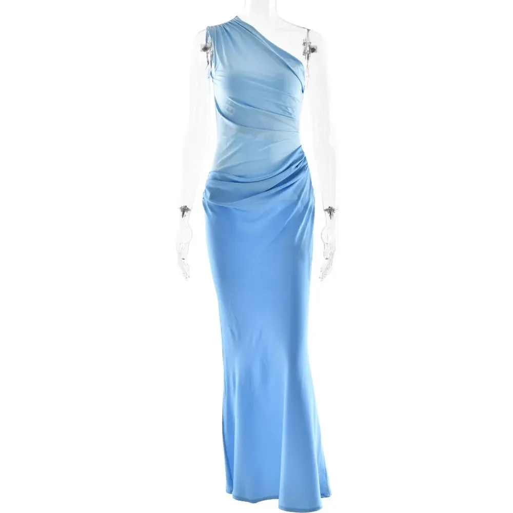 Patchwork Satin Sexy Kleid Frauen Eine Schulter Braun Ärmelloses Abend Maxi Kleid 2025 Neue Sommer Elegante Party Clubwear Kleider