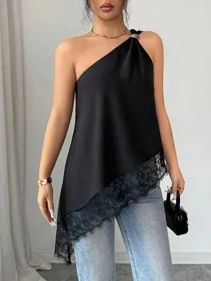 Women's Casual Single-Shoulder Camisole Solid Color Camisole with Lace Splicing and Versatile Style Suitable for Shopping Bea