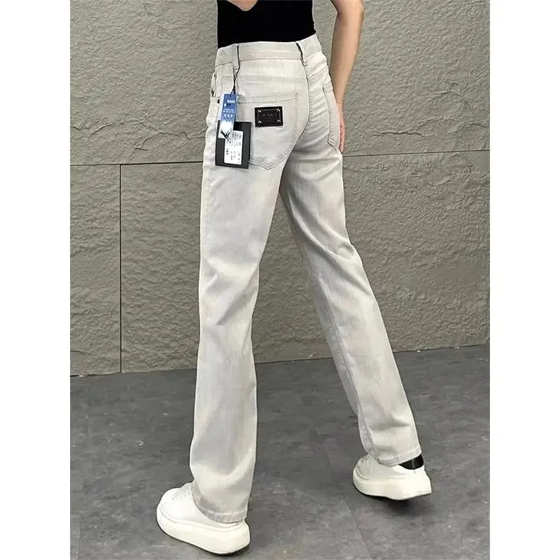 2026 Luxury Jeans for Man Original White Gray Draped Jeans for Men Summer New Slim Fit Trendy Straight-leg Slimming Casual Pants
