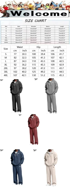 2026 Reebok Brand Spring-Autumn Men's Hooded Sweatshirt Set - Retro Solid Color Loose Fit Street Style Half-Zip Hooded Shirt - C