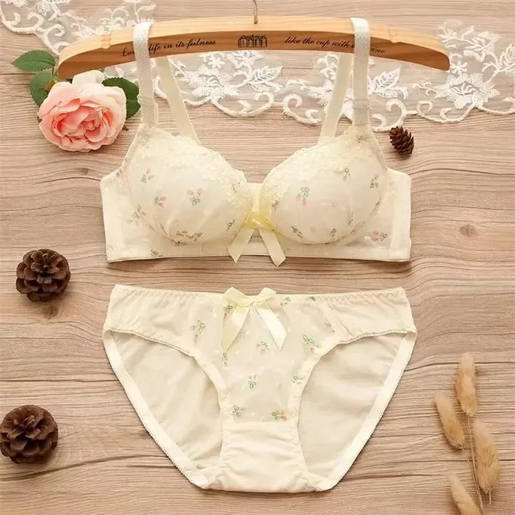 Vintage Girls Bra Set Sexy Thin Bras Pantys Women Seamless Brassiere Low Wasit Fitness Underwear Set Adjustable Plaid Lingeries