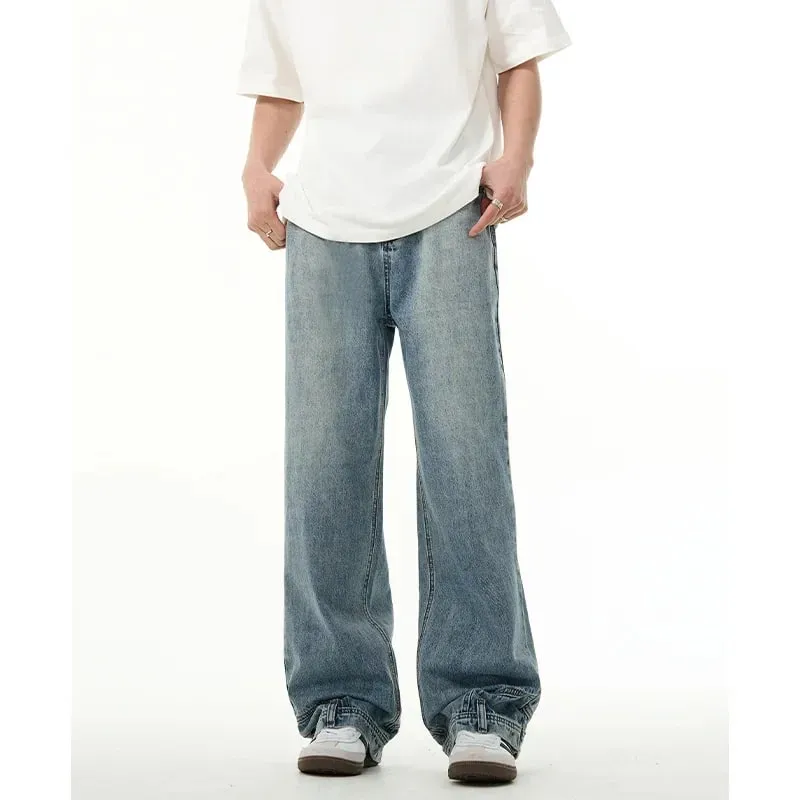 Jeans larghi alla moda da uomo autunno High Street Design con tasca inversa Pantaloni dritti a gamba larga in denim Tinta unita Y2K Vintage Jean