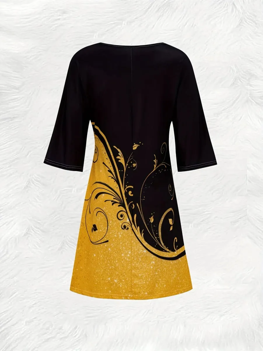 Printed Design black and gold short-sleeved T-shirt dress
