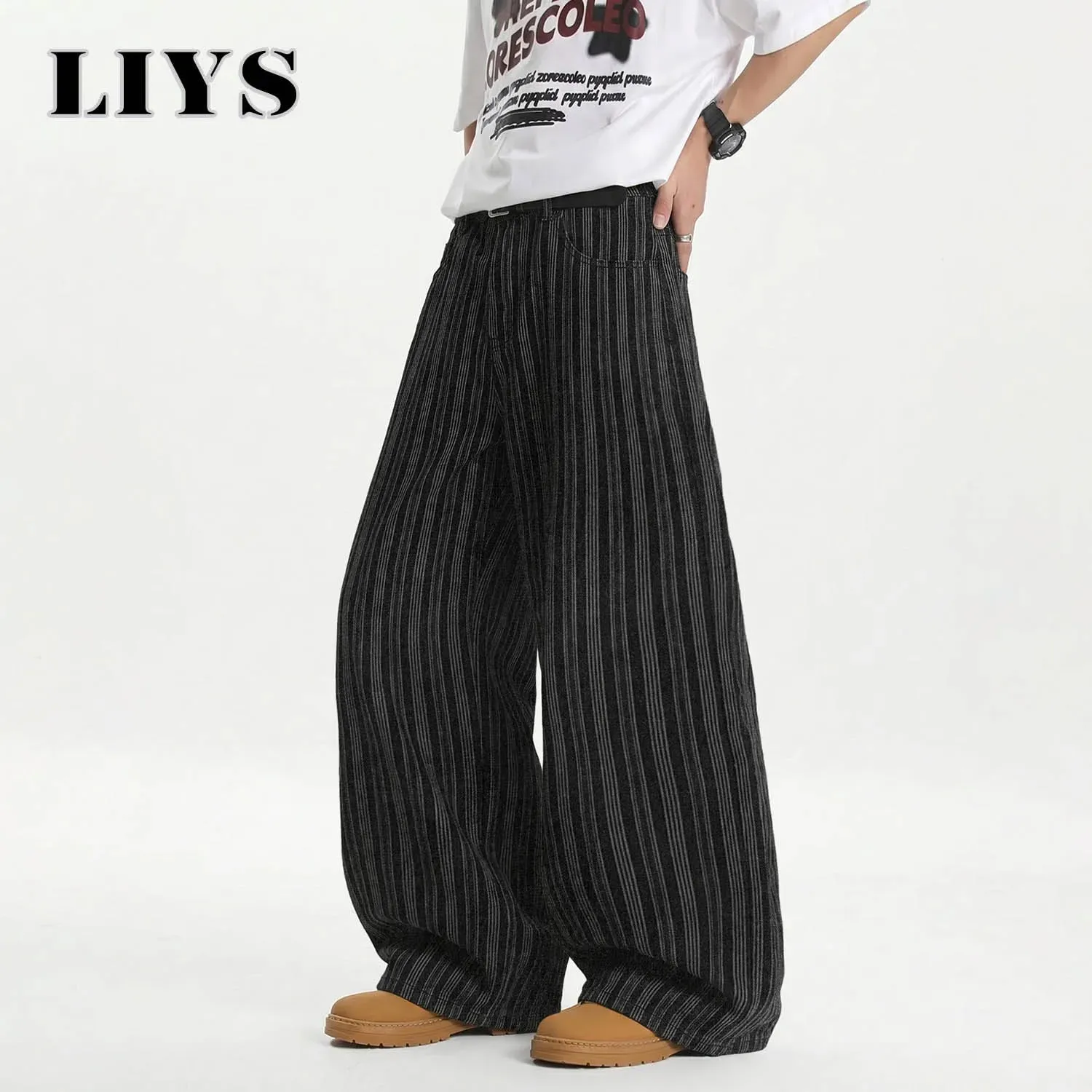 Men's Retro Vertical Stripe Jacquard Baggy Wide Leg Jeans Washed Denim Trousers Y2K Skater Hip Hop Streetwear Daily Casual
