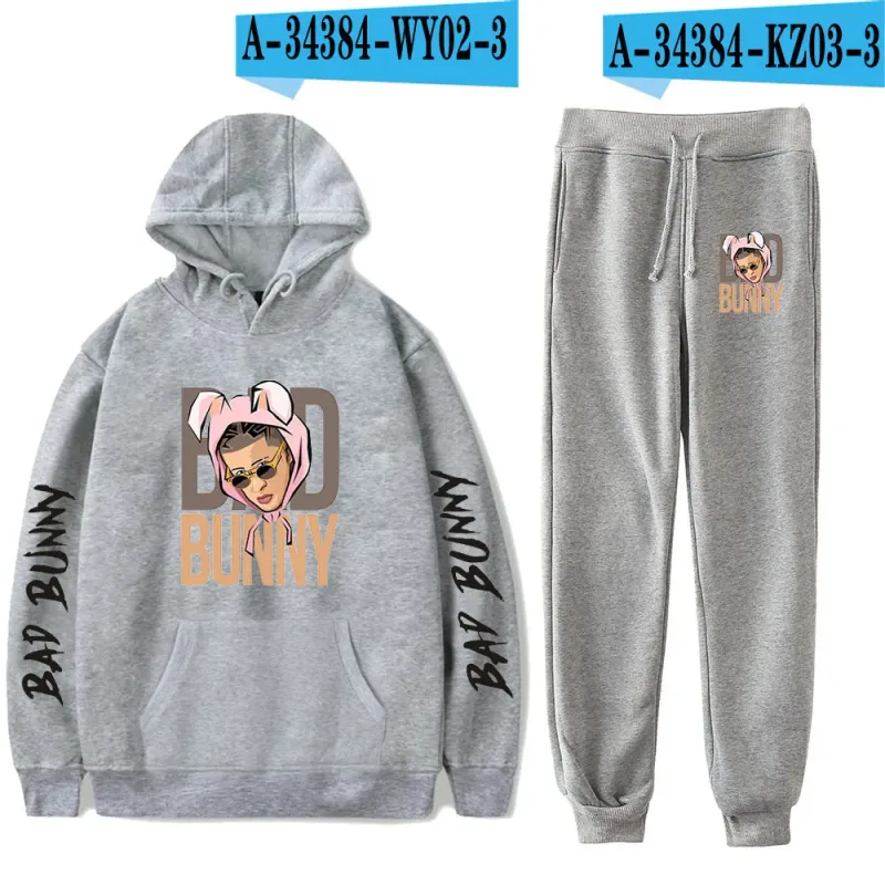 Harajuku Comfortable Funny bad bunny Print Sweatshirt Sweatpants Suit Men/Women Hoodies+ Trousers Suit Cute 2 Piece Set Clothes