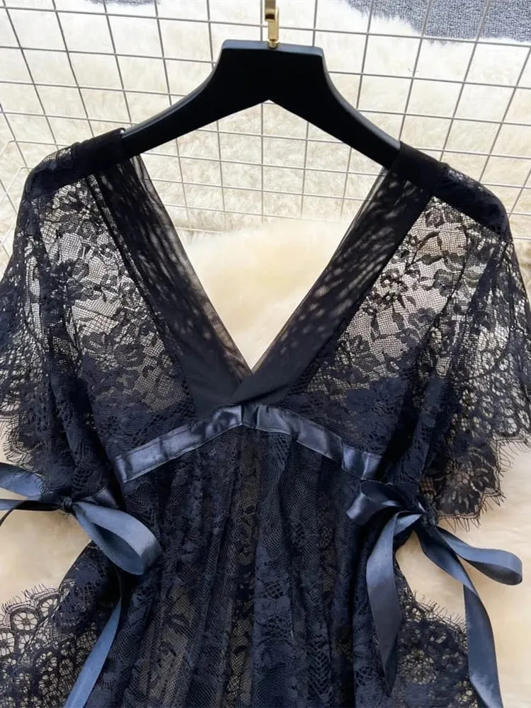 Fashion Lace Mesh Sensual Comfortable Mini Dress Women V Neck Lace-up Black Dress Sexy Party Hotsweet New