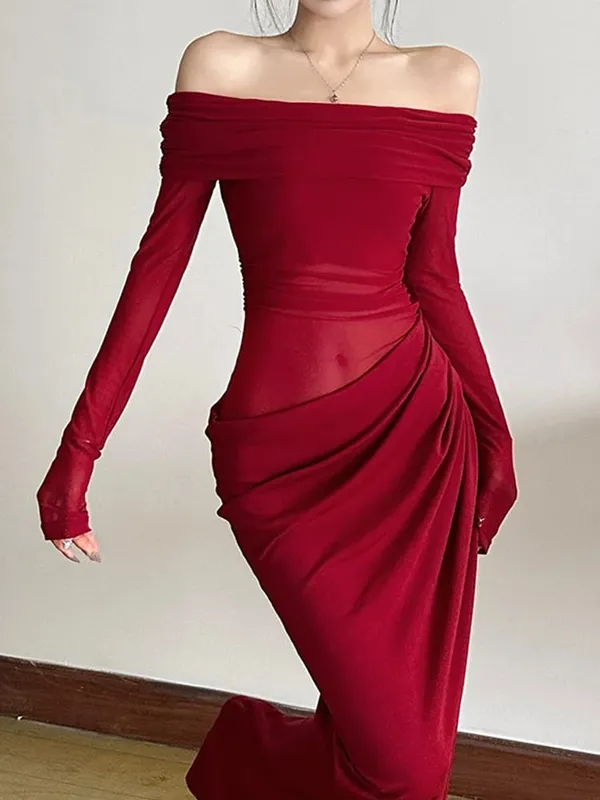 Nibber-vestido Sexy para mujer, primavera 2025, malla de retales, elegante, cuello oblicuo, corte fruncido, elegante, fiesta de cumpleaños, vacaciones, Festival