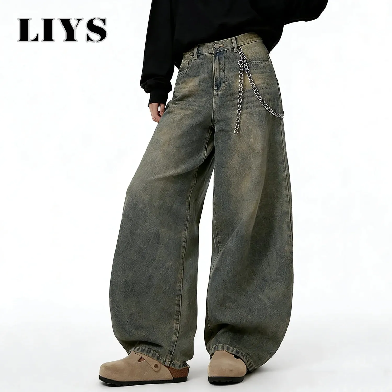 American Retro Baggy Wide Leg Jeans Men's Streetwear Distressed Y2K Clothing Casual Daily Four Seasons Denim Pants Unisex