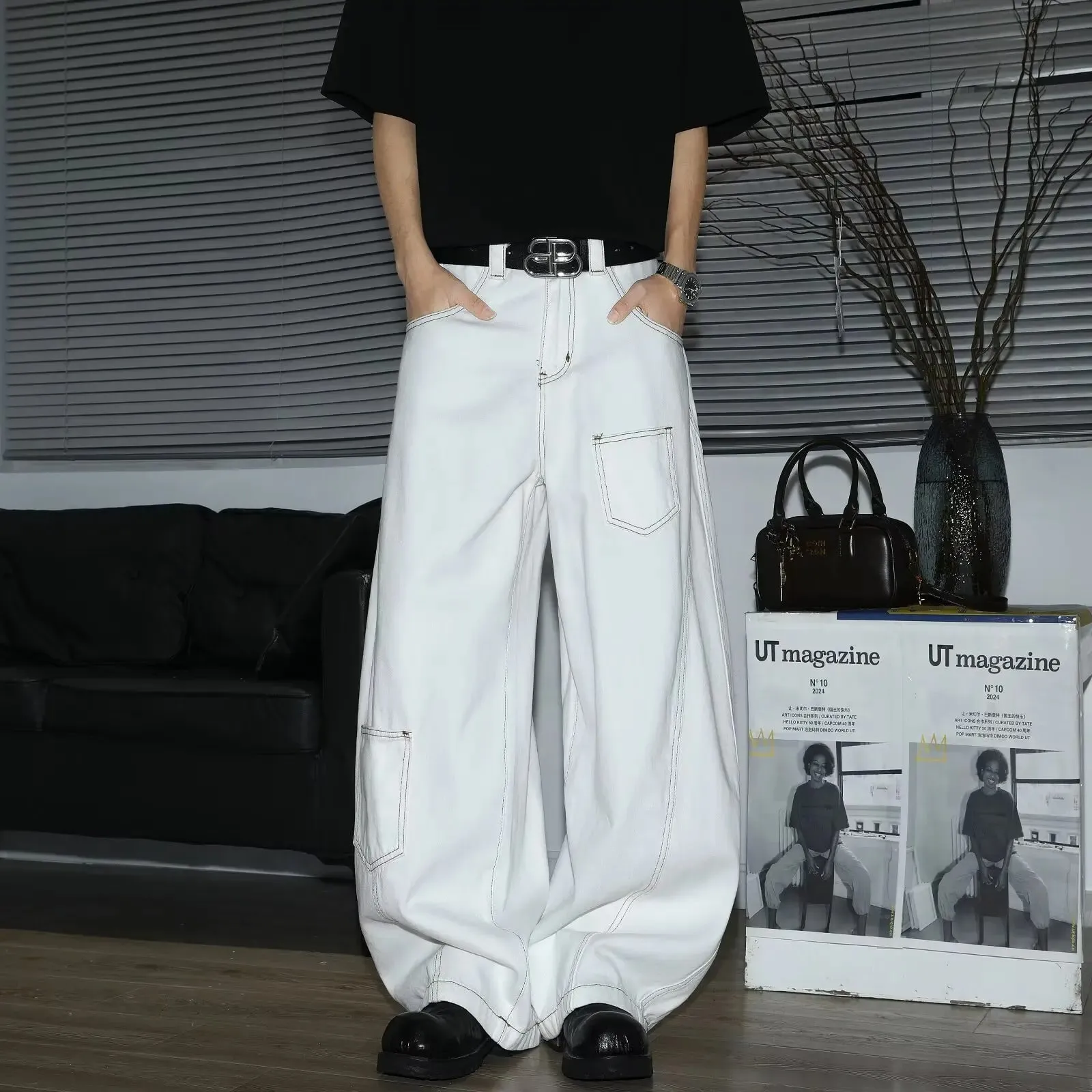 Y2K Men's Jeans White High-Waisted Wide-Leg Denim Pants Retro Baggy Style Fashion Loose Fit Casual Denim Trousers Streetwear