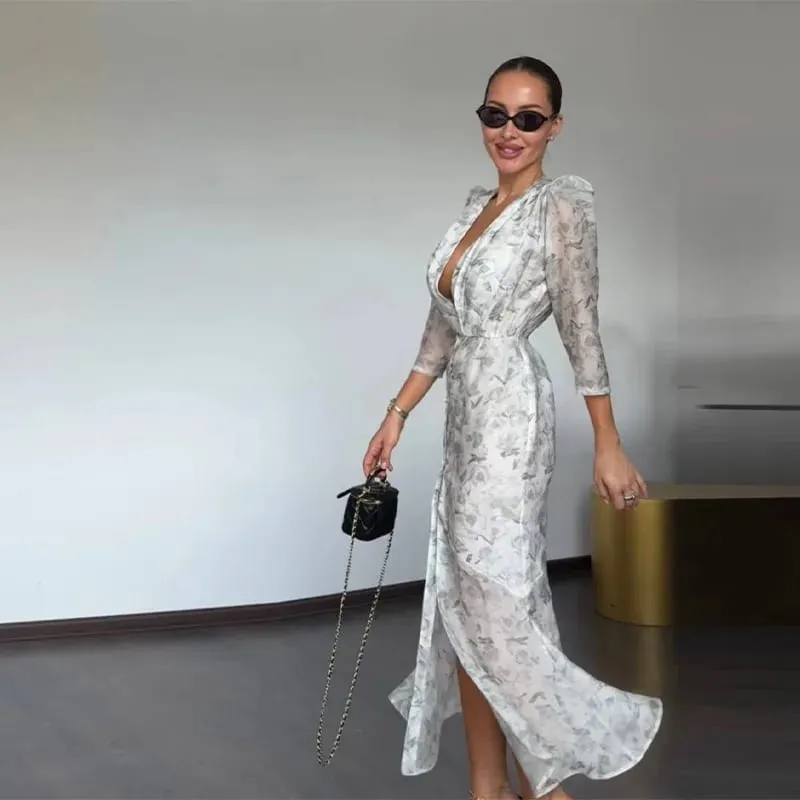 Floral Print Side Split V-Neck Mini Dresses Slim Fitwaist Cinching Puff Sleeve 2026 Summer Elegant Women Party Sweet Vestidos