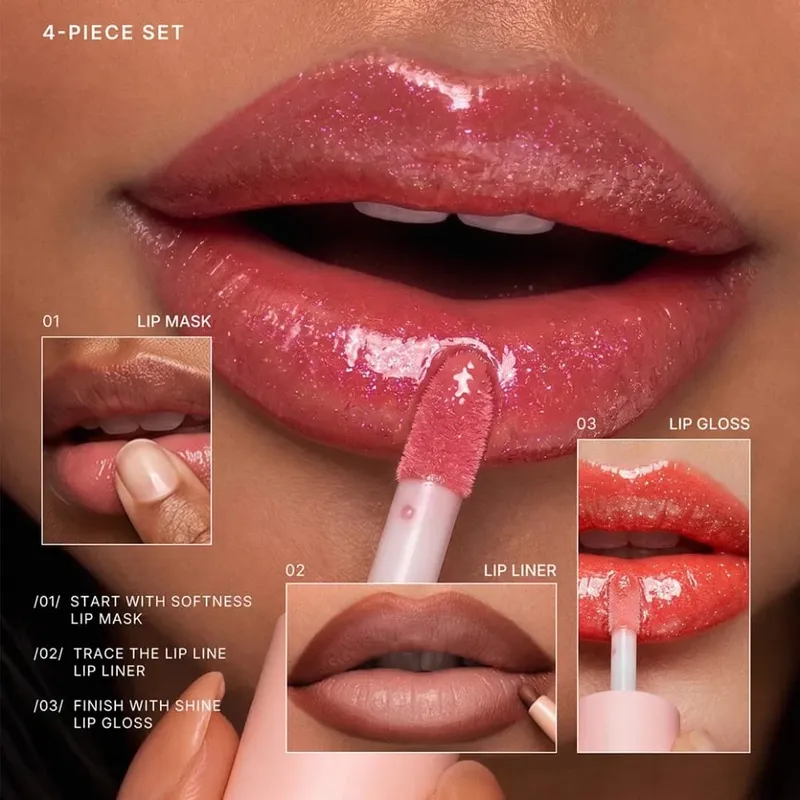 4 Buah/Kit Makeup Vegan Lip Gloss Matte Lipstik Lip Liner Masker Bibir Set Label Pribadi Logo Kustom Grosir